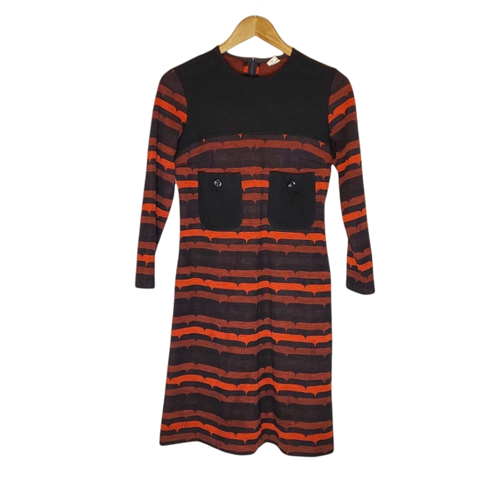 Danish Vintage Mod Red and Black 60s Patterned Long-Sleeve Front Pocket Dress